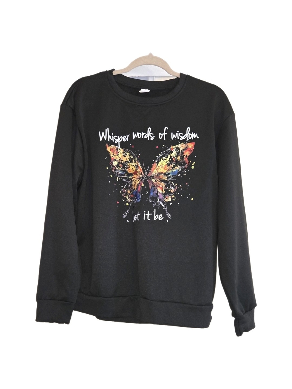 Black Crewneck Sweatshirt with Multicolor Butterfly Graphic